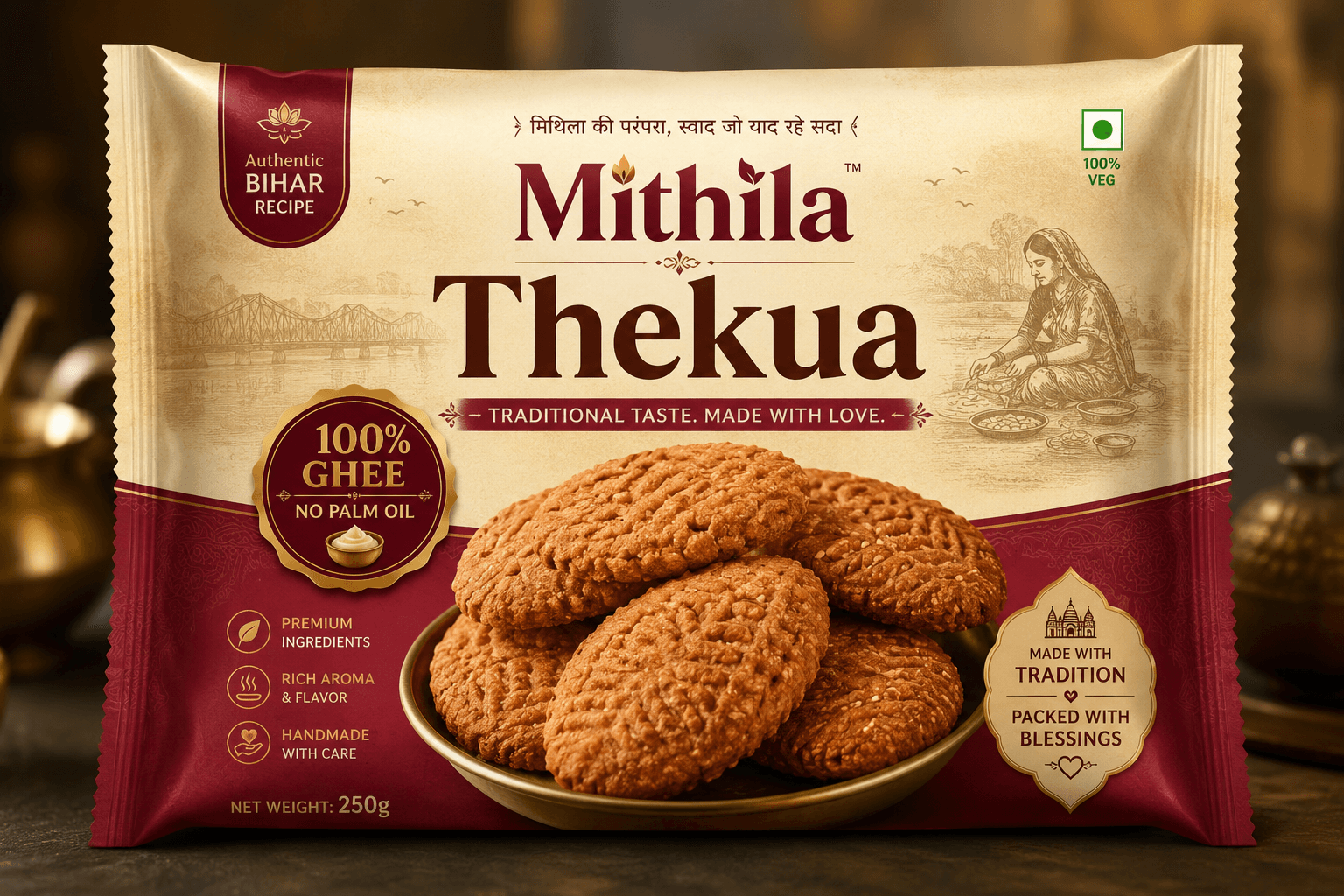 Mithila Thekua served on a brass plate with hot chai — traditional setting